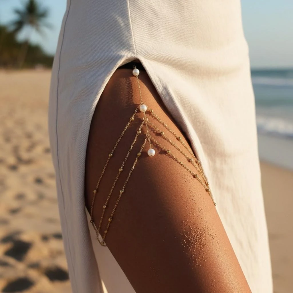 Chaîne de cuisse dorée perles blanches 2892 à 9.99€